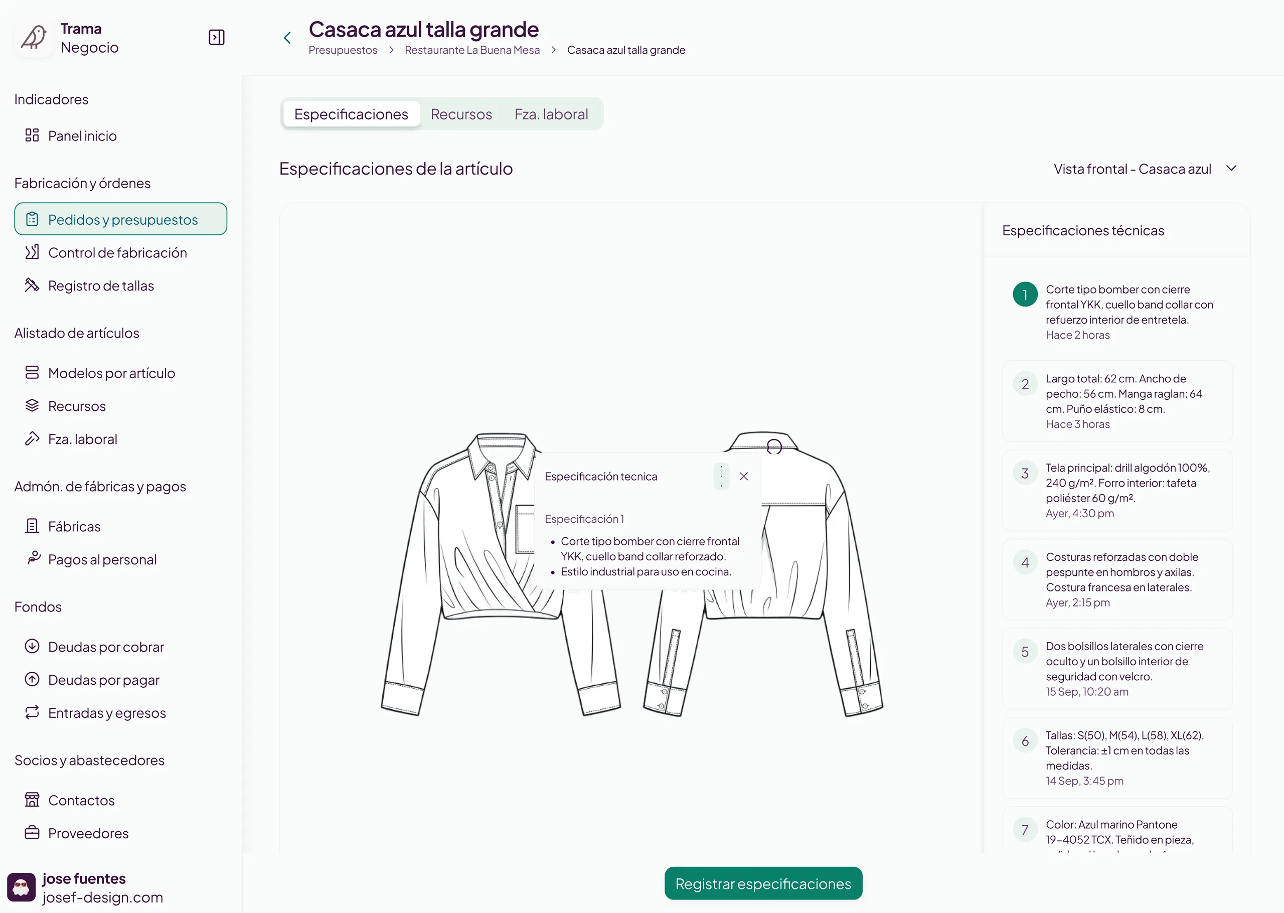 ERP textil en la nube — Comentarios prenda